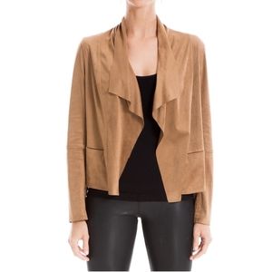 Max Studio faux suede draped jacket, size large, slit pockets, tan/brown